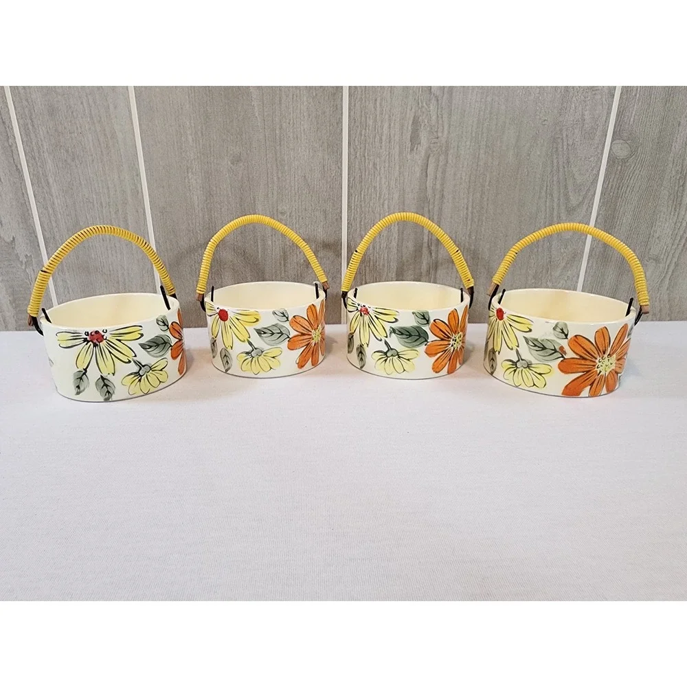 Vintage 60s Japan Floral Handled Basket Planter Set of 4 Hand Painted MCM Groovy